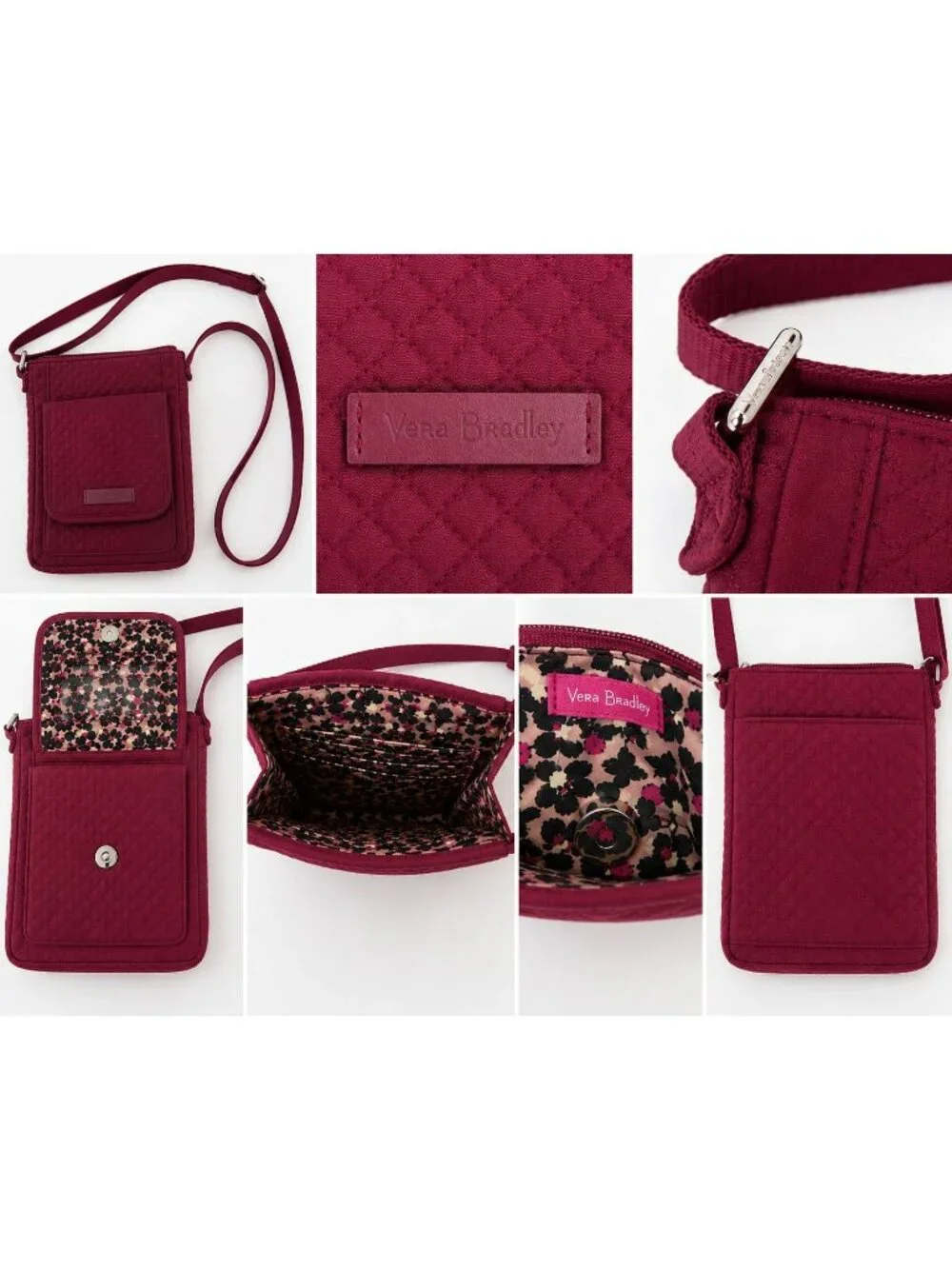 Vera Bradley Quilted Crossbody Organizer Bag Burgundy Plum Floral Interior - Picture 1 of 13